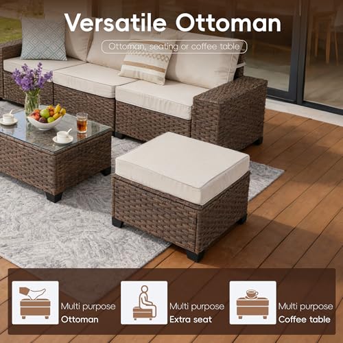 PAIQIAN 7 Pieces Patio Furniture Set - All-Weather Wicker Outdoor Sectional Sofa, Rattan Patio Conversation Sofa with Coffee Table for Porch, Beige/Brown