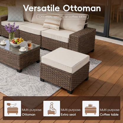 PAIQIAN 5 Piece Patio Furniture Set, Wicker Outdoor Sectional, Beige/Brown