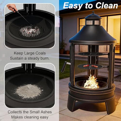 Gotland 2 in 1 Metal Chimenea with Grill, Outdoor Fire Pit with Adjustable Grill Tray 3-Door Design Spark Screen Door, Chiminea Outdoor Fireplace, Wood Stove for BBQ, Patio, Garden, Backyard