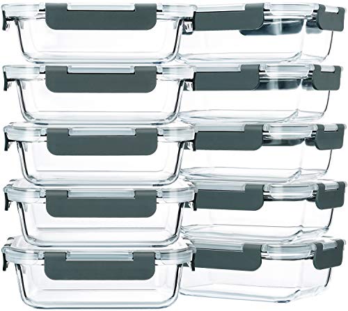 M MCIRCO 10-Pack,22 Oz Glass Meal Prep Containers,Glass Food Storage Containers with lids,Lunch Containers,Microwave, Oven, Freezer and Dishwasher (Gray)