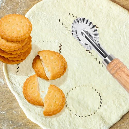 LLMSIX Pastry Wheel Cutter, Stainless Steel Ravioli Cutter, Fluted Pastry Wheel with Long Wooden Handle for Home Making Pasta Pizza Ravioli Cookie Tools