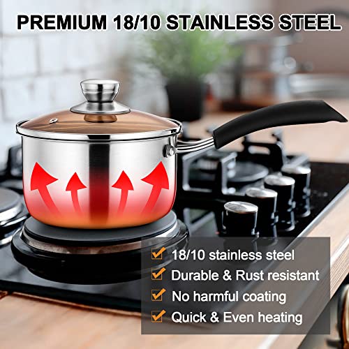 LIANYU 3QT Saucepan with Lid, Stainless Steel Sauce Pan Cooking Pot, 3 Quart Kitchen Cookware with Long Heatproof Handle, Dishwasher Safe