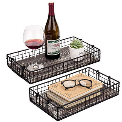 MyGift 16 and 14 Inch Large Nesting Countertop Storage Baskets with Handles, Rustic Torched Wood and Black Metal Wire Decorative Shelf Organizer Bins, 2 Piece Set