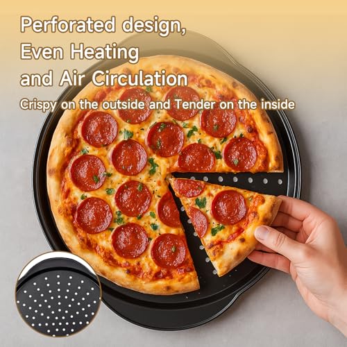 Arimagroup 2 Pack 13 Inch Pizza Pan for Oven,Round Carbon Steel Pizza Pan with Holes, Pizza Tray with 2 Silicone Gloves，for Baking, Grilling