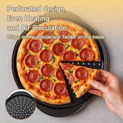 Arimagroup 2 Pack 13 Inch Pizza Pan for Oven,Round Carbon Steel Pizza Pan with Holes, Pizza Tray with 2 Silicone Gloves，for Baking, Grilling