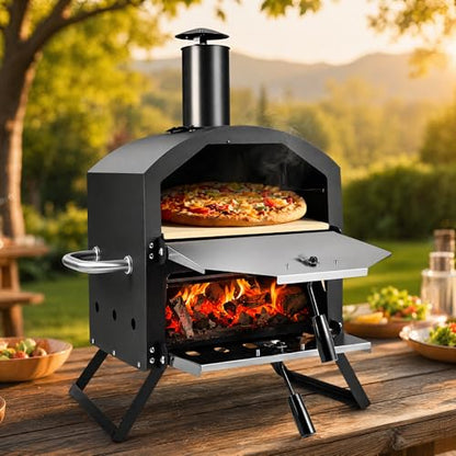 Z1UVDFUR Wood Fired Outdoor Pizza Oven, Portable 2-Layer Pizza Maker with 12" Pizza Stone & Waterproof Cover – Folding Legs, Removable Rack for Camping, Backyard BBQ, Tailgating