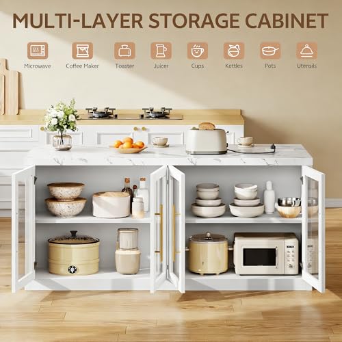 Homiflex Kitchen Island with Storage, Imitation Marble Island Table with LED Lights & Cabinet for Kitchen, Modern Kitchen Carts on Wheels for Dining Room, Home Bar, White