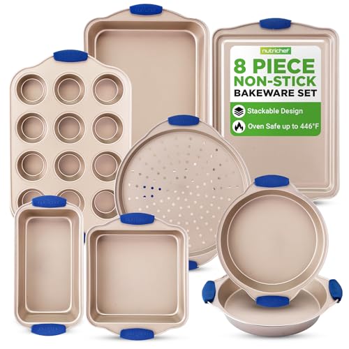 NutriChef 8-Piece Nonstick Bakeware Set - Heavy Duty Carbon Steel Baking Pans w/ Blue Silicone Handles - Pizza Crisper, Muffin & Loaf Pan, Round & Square Pans, Cookie Sheet - Champagne Gold