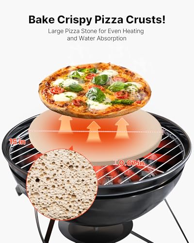 VEVOR Pizza Stone, 15 in Round Pizza Stone, 0.67 in Large Cordierite Baking-Stone with Metal Peel, Scrape, 1450℉ Heat-Resistant Cooking Stones, for Kitchen Oven, Baking Pizzas, BBQ Grill