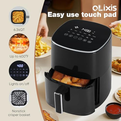 OLIXIS 12-in-1 Air Fryer 6.34 Quarts, Visable Airfryer with Window, 400°F, Roast, Reheat, Dehydrate, Bake, Steam, Fries, Custard, Chicken, Wings, Sea Food, Vegetabels, Modern Black