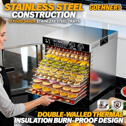 Osluken Food Dehydrator Machine 12 Tray, 11.6ft² 1100W Stainless Steel Dehydrator, 360° Uniform Heating, 48H Timer, 5 Presets, 86-194°F Quiet Dryer for Beef Jerky, Fruits, Herbs & Dog Treats