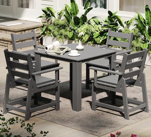 GREENVINES 5-Piece-Outdoor-Dining-Set | HDPE | Square | Patio Furniture | Table and Chairs Sets for 4 | All Weather | Removable Armrests | Umbrella Hole | for Backyard Poolside Garden | Grey