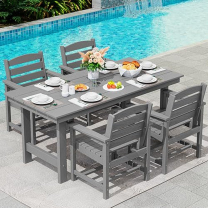 SERWALL Modern Patio Dining Set, 5-Piece Rectangular HDPE Dining Table with Umbrella Hole & 4 Chairs, Grey