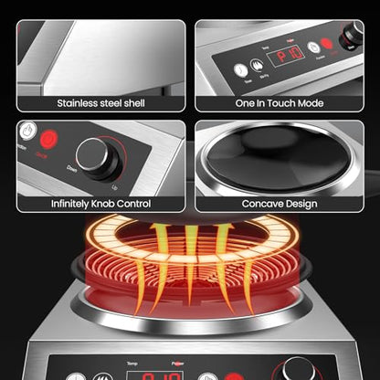 VEXMAECY 1800W Electric Wok Used For Home And Commercial,Induction Wok With Concave Surface Stainless Steel Strong Power Dual Control Mode 10 Power And Temp 24H Timer Induction Cooktop For Cooking