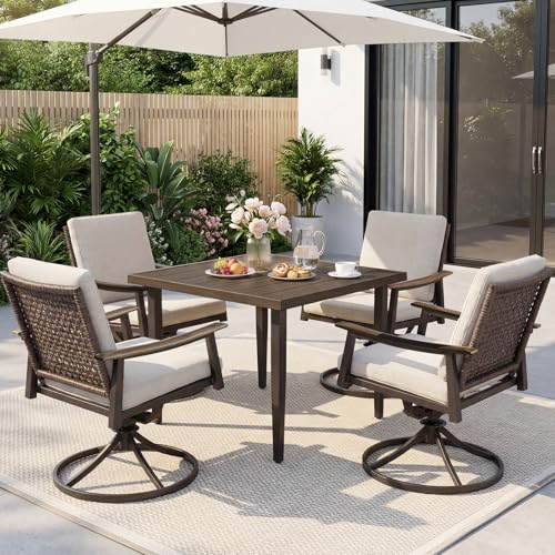 NATURAL EXPRESSIONS Outdoor Dining Set,Patio Table and Chairs Set with 4 Rattan Wicker Swivel Chairs,5 Piece Patio Dining Set for 4,36.6" Woodgrain Table with 1.65" Umbrella Hole,Patio Sets for Yard