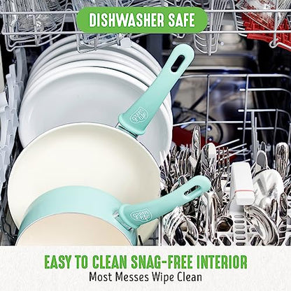 GreenLife Soft Grip Healthy Ceramic Nonstick 18 Piece Kitchen Cookware Pots and Frying Sauce Saute Pans Set, PFAS-Free with Kitchen Utensils and Lid, Dishwasher Safe, Turquoise