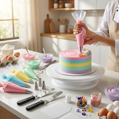 69 Pcs Cake Decorating Set- Includes Cake Stand Turntable,12 Icing Piping Tips Set, 50 Piping Bags, 3 Scrapers, 2 Frosting Spatulas and 1 couplers, Baking Supplies Kit for Home Bakers and Professional