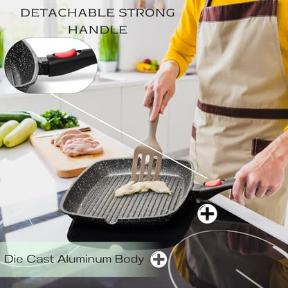 Moss & Stone Square Grill Pan for Indoor Cooking, 11-Inch Nonstick Griddle Skillet with Removable Handle, RV Die-Cast Aluminum Stove Top Grill Pan for Meats & Vegetables, Detachable Handle