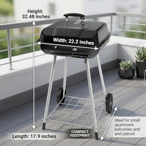 17.5 Inch Square Charcoal Grill with Wheels, Portable Outdoor BBQ Kettle Grill for Patio and Backyard Cooking, Porcelain-Coated Steel Grates and Adjustable Dampers, 302 Sq In Cooking Area, Black