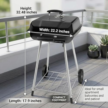 17.5 Inch Square Charcoal Grill with Wheels, Portable Outdoor BBQ Kettle Grill for Patio and Backyard Cooking, Porcelain-Coated Steel Grates and Adjustable Dampers, 302 Sq In Cooking Area, Black