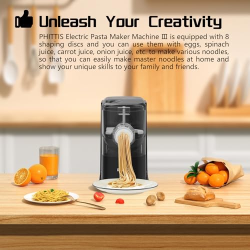PHITTIS Electric Pasta Machine, Automatic Pasta Maker Machine Electric with 8 Discs for Spaghetti & Fettucine and More, Easy-to-Clean Noodle Maker with Measuring Cup, Cleaning Scraper, Black