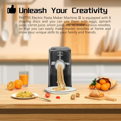 PHITTIS Electric Pasta Machine, Automatic Pasta Maker Machine Electric with 8 Discs for Spaghetti & Fettucine and More, Easy-to-Clean Noodle Maker with Measuring Cup, Cleaning Scraper, Black