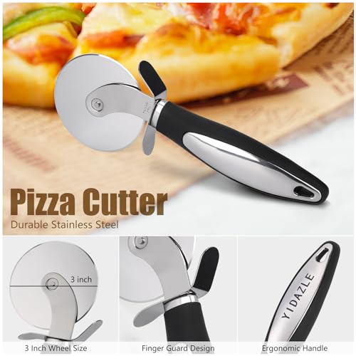 YIDAZLE Pizza Pan for Oven (2 PACK), Pizza Baking Trays with Pizza Cutter, Non-Stick Pizza Baking Pan with Perforated Holes and Silicone Handle, Oven & Dishwasher Safe Carbon Steel