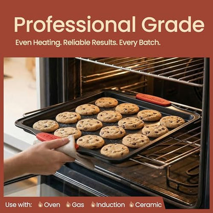 BAKKEN Kitchen Baking Pans - Medium (15.15 × 10.03") and Large (17.1 x 11.8") Nonstick Sheets, Carbon Steel Cookie Sheets with Red Silicone Handles, PFOA, PFOS, PTFE Free, Oven Safe (450°F), Set of 2