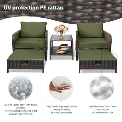 LEVELEVE Balcony Furniture 5 Piece Patio Conversation Set, PE Wicker Rattan Outdoor Lounge Chairs with Soft Cushions 2 Ottoman&Glass Table for Porch, Lawn-Brown Wicker（Army Green