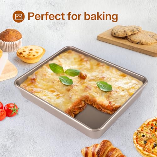 Barlket Deep Baking Pans Set, 3-Pieces Rectangle Cake Pan, Nonstick Carbon Steel Roasting Pans, 9/11/13 Inch, Lasagna Pan with 1.6-2.3 Inch Deep Size, Heavy Duty Stackable Oven Baking Trays, Gold