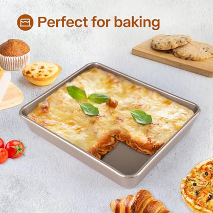 Barlket Deep Baking Pans Set, 3-Pieces Rectangle Cake Pan, Nonstick Carbon Steel Roasting Pans, 9/11/13 Inch, Lasagna Pan with 1.6-2.3 Inch Deep Size, Heavy Duty Stackable Oven Baking Trays, Gold