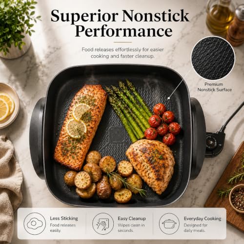 Moss & Stone Square Electric Skillet with Lid, 12-Inch Nonstick Frying Pan