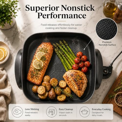 Moss & Stone Square Electric Skillet with Lid, 12-Inch Nonstick Frying Pan