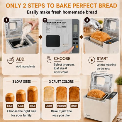 25-in-1 Bread Maker, 2LB Automatic Bread Machine with Dual Dispensers