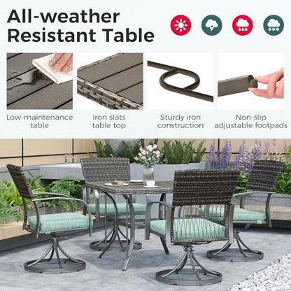 Pamapic 5-Piece Outdoor Dining Set with Swivel Chairs, Rattan Patio Furniture for Backyard, Deck, Garden, Weather-Resistant Iron Slats Table & 4 Chairs with Removable Cushions (Green)
