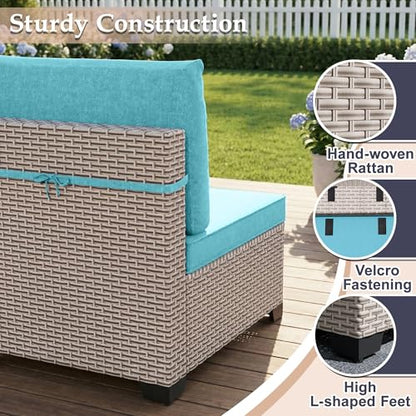 SnugVista Patio Furniture Set, 18-Piece Outdoor Sectional Sofa with Swivel Rocker Chairs & Fire Pit Table, Wicker Patio Conversation Set with Coffee Table, Cyan Cushions
