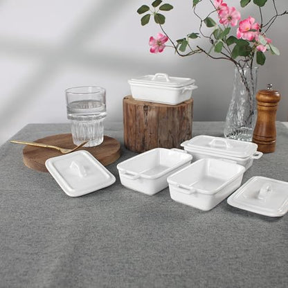 jinsongdafa Ceramic Mini Rectangular Cocotte Set, 2.37 Ounces Small Casserole Dishes with Lids and Handles Set of 4, Individual Baking Ramekins, Oven, Microwave & Dishwasher Safe (White, 6.1 Inch)