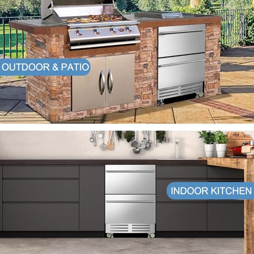 24 Inch Dual Drawer Fridge Under Counter with Wheels, Outdoor Beverage Refrigerator for Patio, Stainless Steel Weather-Proof, Freestanding or Built-In Installation, Ideal for Home and Commercial Use