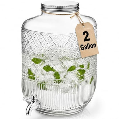 Godinger Drink Dispenser 2 Gallon, Large Glass Water Dispenser - (256oz) Clear
