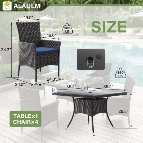 ALAULM 5 Piece Patio Dining Set All-Weather Wicker Outdoor Furniture Set w/Tempered Glass Tabletop, Removable Cushions and Umbrella Hole for Patio, Backyard, Garden, Poolside（Navy）