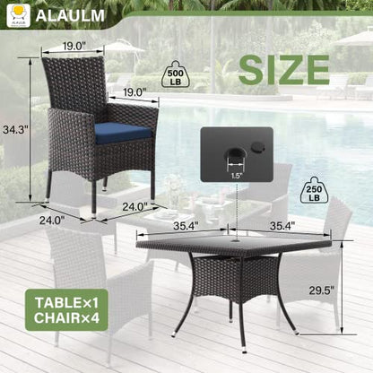ALAULM 5 Piece Patio Dining Set All-Weather Wicker Outdoor Furniture Set w/Tempered Glass Tabletop, Removable Cushions and Umbrella Hole for Patio, Backyard, Garden, Poolside（Navy）
