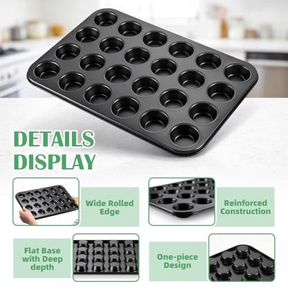 P&P CHEF 24-Cup Mini Muffin Pan Tin, Nonstick Carbon Steel Cupcake Pans, Versatile Bakeware Ideal for Mini Muffin Cupcake Egg Tart Pudding, Oven Safe & Even Bake, Healthy & Easy Clean, Black, 2Pcs