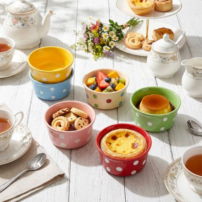 Teecyhooo 6 Pack 6 oz Colorful Ice Cream Ceramic Bowls Ceramic Ramekins Oven Safe Small Dessert Cups Porcelain Baking Cups Single Mini Bowls for Personal Pudding Souffle Serving Dip