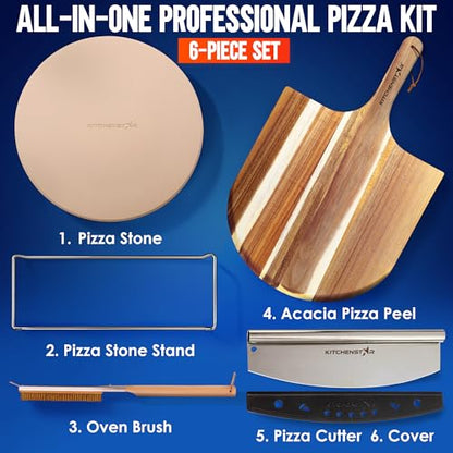 KitchenStar 16-inch Pizza Making Set, 6 PCS - Pizza Stone + Stainless Steel Rack, Acacia Wood Pizza Peel, Pizza Cutter Rocker + Protective Cover, Metal Brush - Oven & Grill Accessories Kit