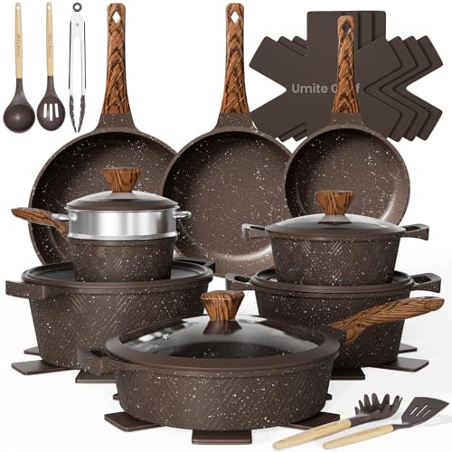 Umite Chef 26PCS Pots and Pans Set Non Stick, Nonstick Cookware Sets, Induction Cook Ware, Includes Steamer & Silicone Utensils, Housewarming Gift, Kitchen Cooking Sets w/Frying pan (PFOS, PFOA Free)