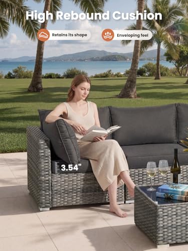 ovios Outdoor 10 Piece Coversation Set with Swivel Rocking Chair,Sectional Patio Furniture Set with All-Weather Wicker Sofa,Modern Outside Couch for Balcony Backyard Pool, Black