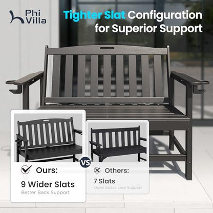 PHI Villa 50 Inches HDPE Outdoor Bench Weatherproof Garden Bench with 700 lbs Capacity, 2-Person Patio Benches for Outside, Park, Yard and Porch, Black