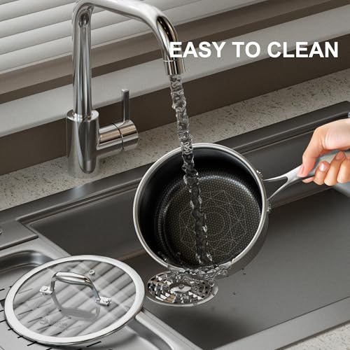 COOKER KING 3 Quart Stainless Steel Saucepan with Lid, Tri-Ply Ceramic Nonstick Pot, Metal Utensil Safe, Dishwasher & Oven Safe up to 900F, Induction Cookware for All Stovetops