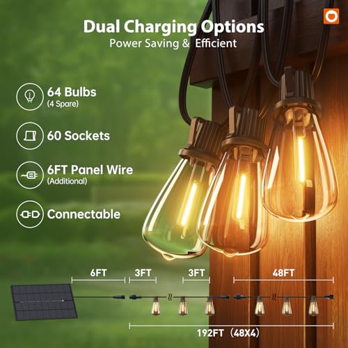 addlon 198FT(192+6) Solar String Lights Outdoor Waterproof, 60+4 LED Bulbs, Shatterproof Patio Lights with Remote, Dimmable & Timing, Hanging Lights for Garden Backyard Party Wedding Camping Decor