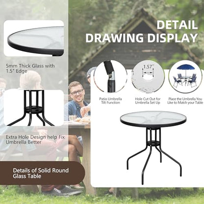 Vongrasig 6 Pieces Folding Patio Dining Set, All Weather Small Metal Outdoor Table and Chair Set, Garden Patio Furniture Set w/Umbrella, Glass Table & 4 Folding Chairs for Lawn, Backyard, Blue